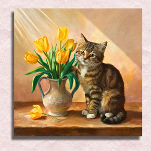 Leinwand mit Katze und gelben Tulpen – Malen-nach-Zahlen-Shop