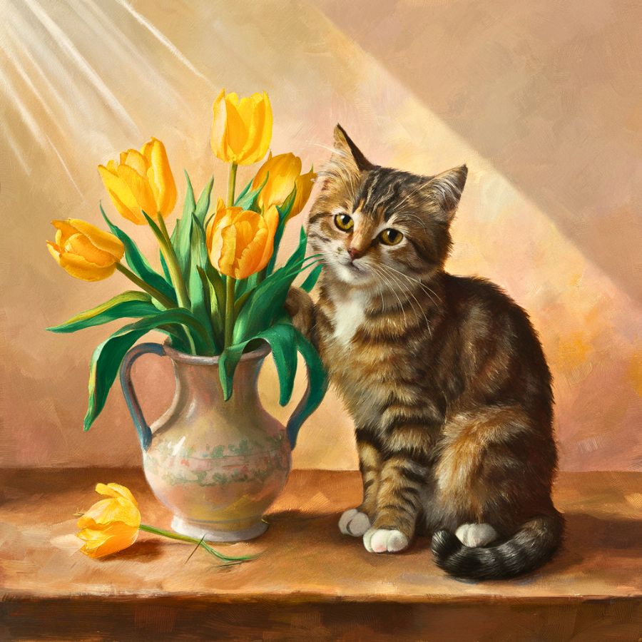 Katze und gelbe Tulpen - Malen-nach-Zahlen-Shop