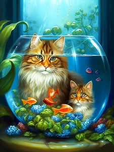 Katzen und Fishbowl Malen nach Zahlen