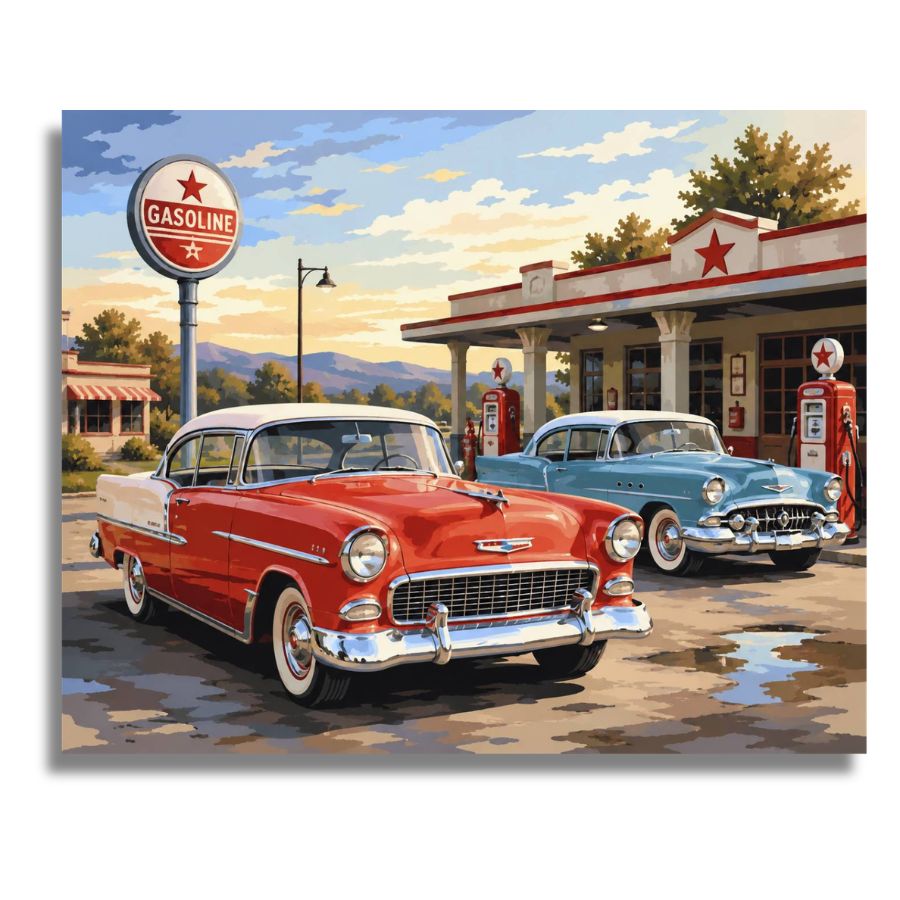 Vintage cars at a gas station with a clear sky. Classic car - Paint by numbers