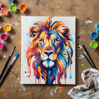 Colorful lion painting on a textured surface with art supplies.
