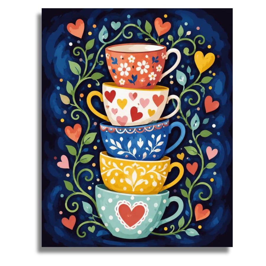 Colorful illustration of stacked tea cups with floral and heart designs on a dark blue background. Cups Tower Canvas - Paint by numbers