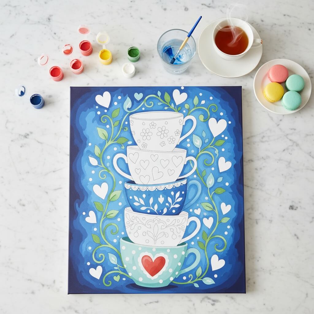 paint by numbers with a stack of teacups on a blue background, surrounded by coloring supplies.