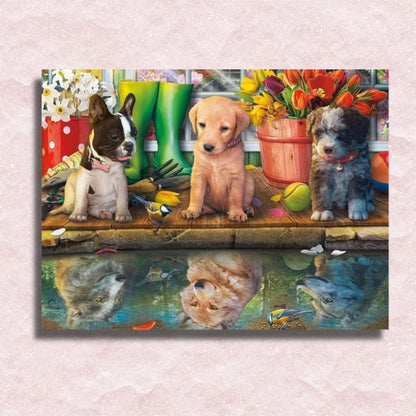 Schattige puppy's Kijk in Puddle Canvas - Winkel voor schilderen op nummer