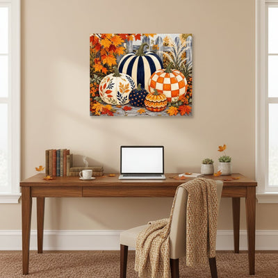 A rectangular wall art print showing decorative pumpkins and autumn leaves hangs above a wooden desk in a styled home office. The print features striped, checkered, and patterned pumpkins among orange and red leaves, with a window backdrop. Decorated Pumpkins Canvas - Paint by numbers lifestyle