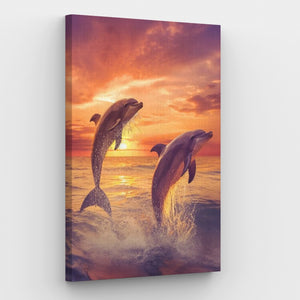 Leinwand zum Malen nach Zahlen „Delfine im Sonnenuntergang“.