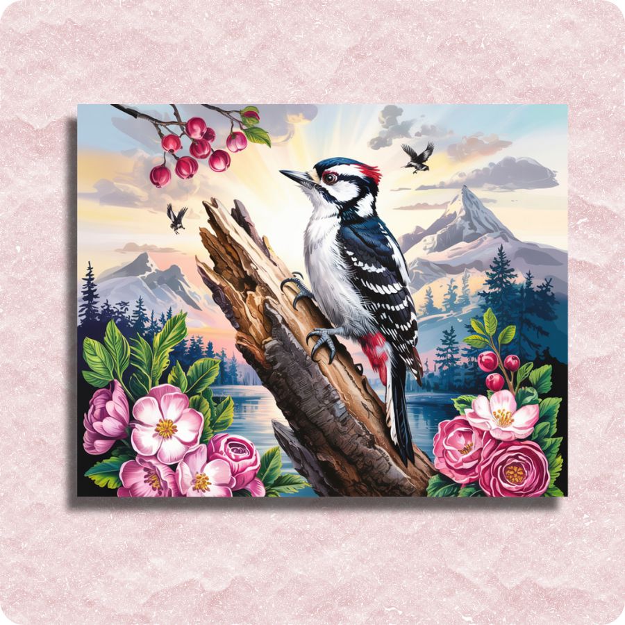 Painting of a woodpecker on a branch with flowers and mountains in the background. Downy Woodpecker - Paint by numbers