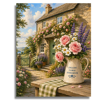 Floral arrangement in a pitcher with 'English Floral Stonehouse' text in front of a quaint stone house. English Floral Stonehouse Canvas - Paint by numbers
