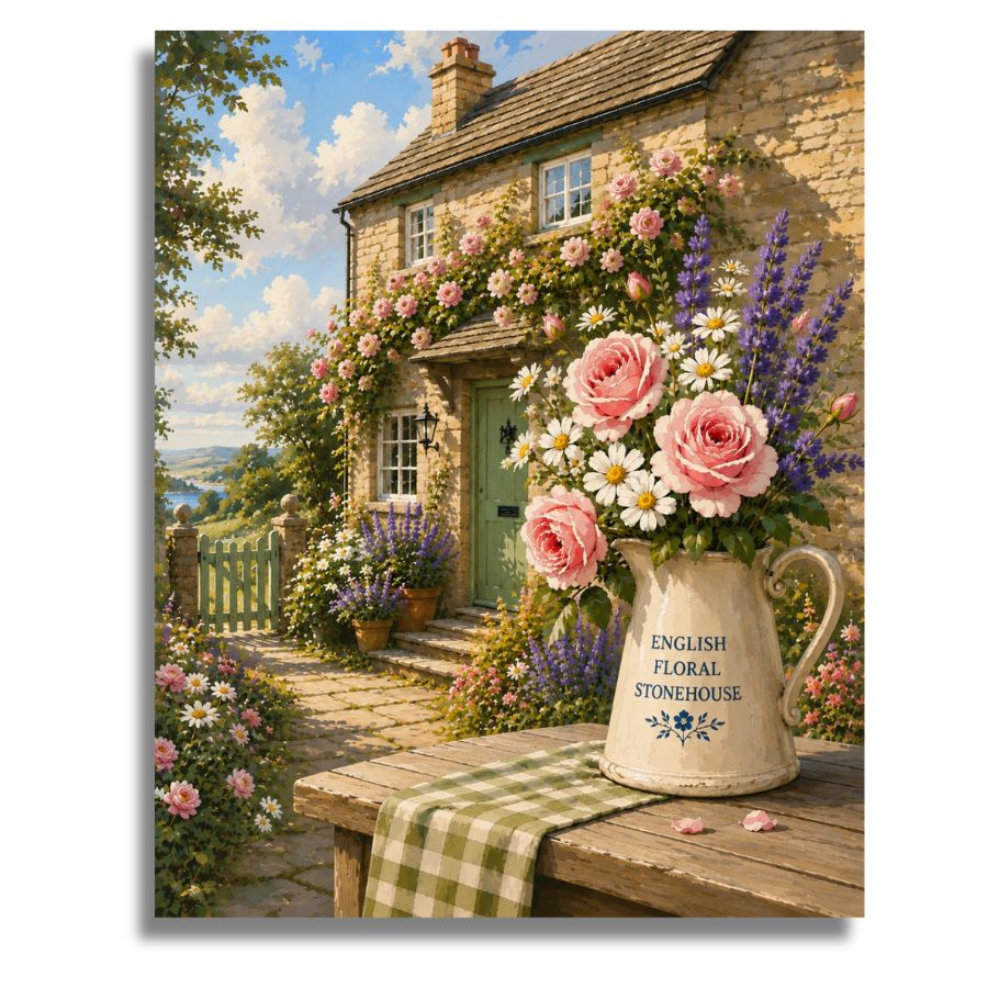 Floral arrangement in a pitcher with 'English Floral Stonehouse' text in front of a quaint stone house. English Floral Stonehouse Canvas - Paint by numbers