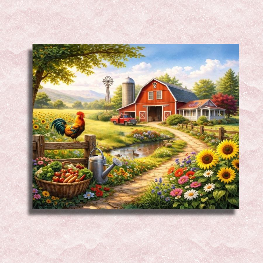 Painting of a red barn with a rooster, flowers, and a tractor on a farm. Farm Scene - Paint by Numbers Kit