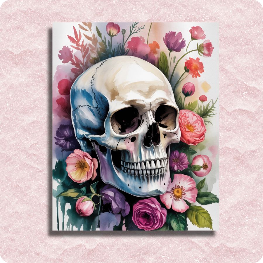 Artistic depiction of a skull surrounded by colorful flowers on a pink textured background. Floral skull - Paint by numbers