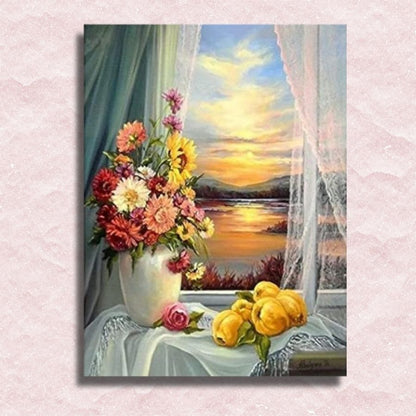 Bloemen in vaas bij zonsondergang Canvas - Winkel op nummer schilderen