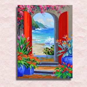 Bloemrijke Deur naar de Zee Canvas - Schilderij op nummer winkel