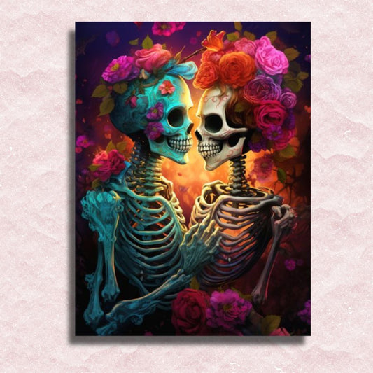 Gotische bloemen kussende skeletten canvas - Schilderen op nummer winkel