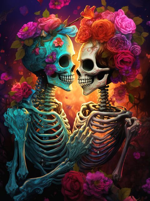 Gothic Floral Kissing Skeletons - Painting by numbers shop