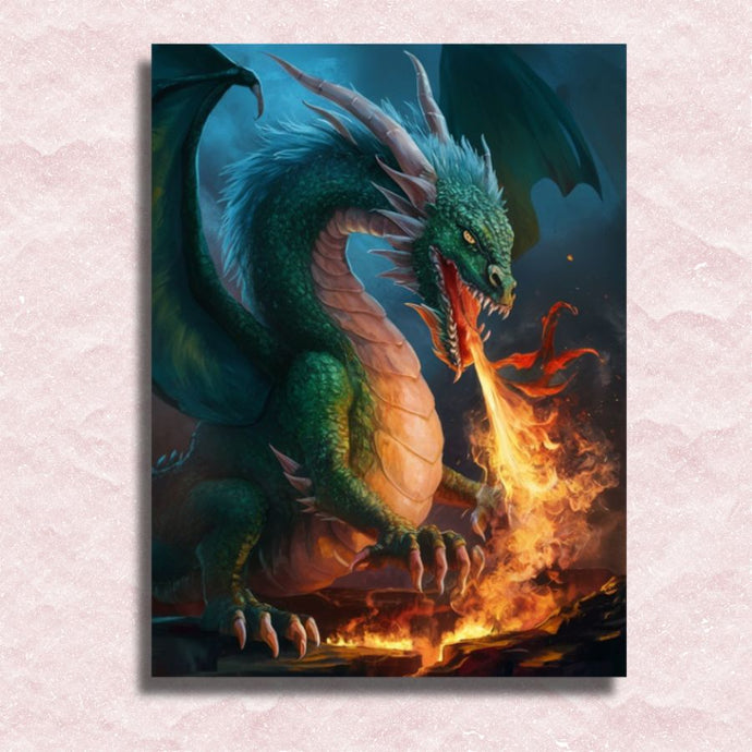 Green Dragon Breathing Fire Canvas - Painting by numbers shop
