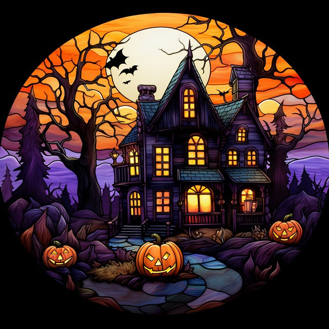 Haunted Halloween Manor Stained Glass - Paint by numbers