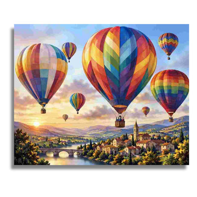 A colorful painting of hot air balloons floating over a scenic valley with a bridge, river, and small town at sunset. Hot Air Balloons Canvas - Paint by numbers