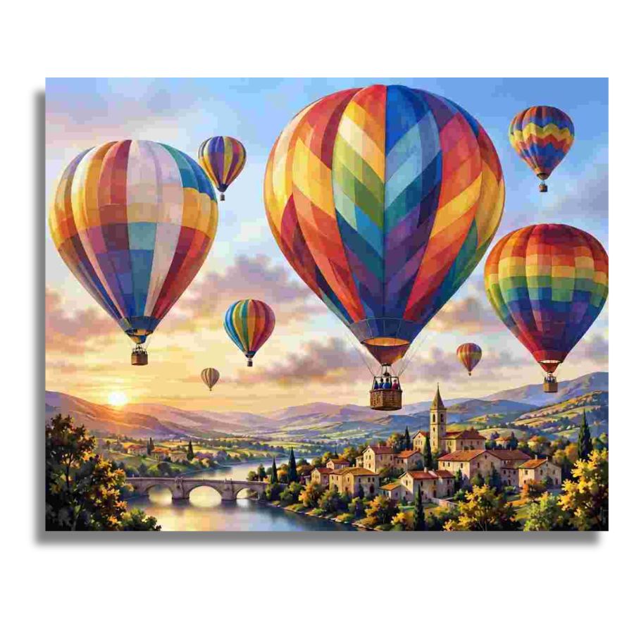 A colorful painting of hot air balloons floating over a scenic valley with a bridge, river, and small town at sunset. Hot Air Balloons Canvas - Paint by numbers