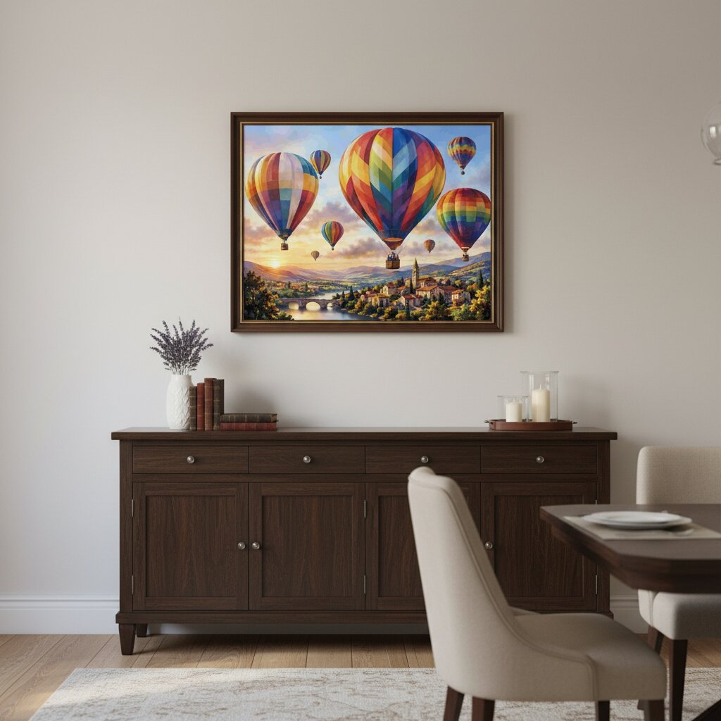 A framed art print depicting colorful hot air balloons over a scenic landscape, displayed on a light beige wall above a dark wood sideboard in a dining room setting. Hot Air Balloons Canvas - Paint by numbers lifestyle