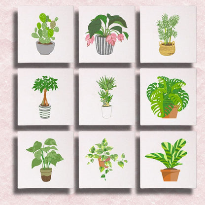 Set of nine cards with illustrations of potted plants on a light pink background - paint by numbers