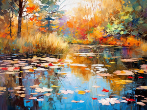 Impressionistischer bunter Teich im Herbst – Malen nach Zahlen