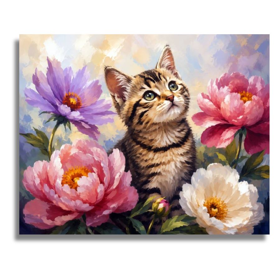 Painting of a kitten surrounded by colorful flowers. Kitten and Flowers Around Canvas - Paint by numbers