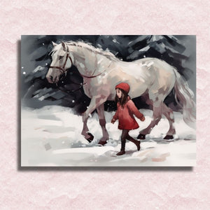 Canvas Klein meisje en het witte paard - Winkel op nummer schilderen