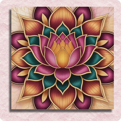Colorful lotus flower design on a pink background. Lotus Mandala - Paint by numbers