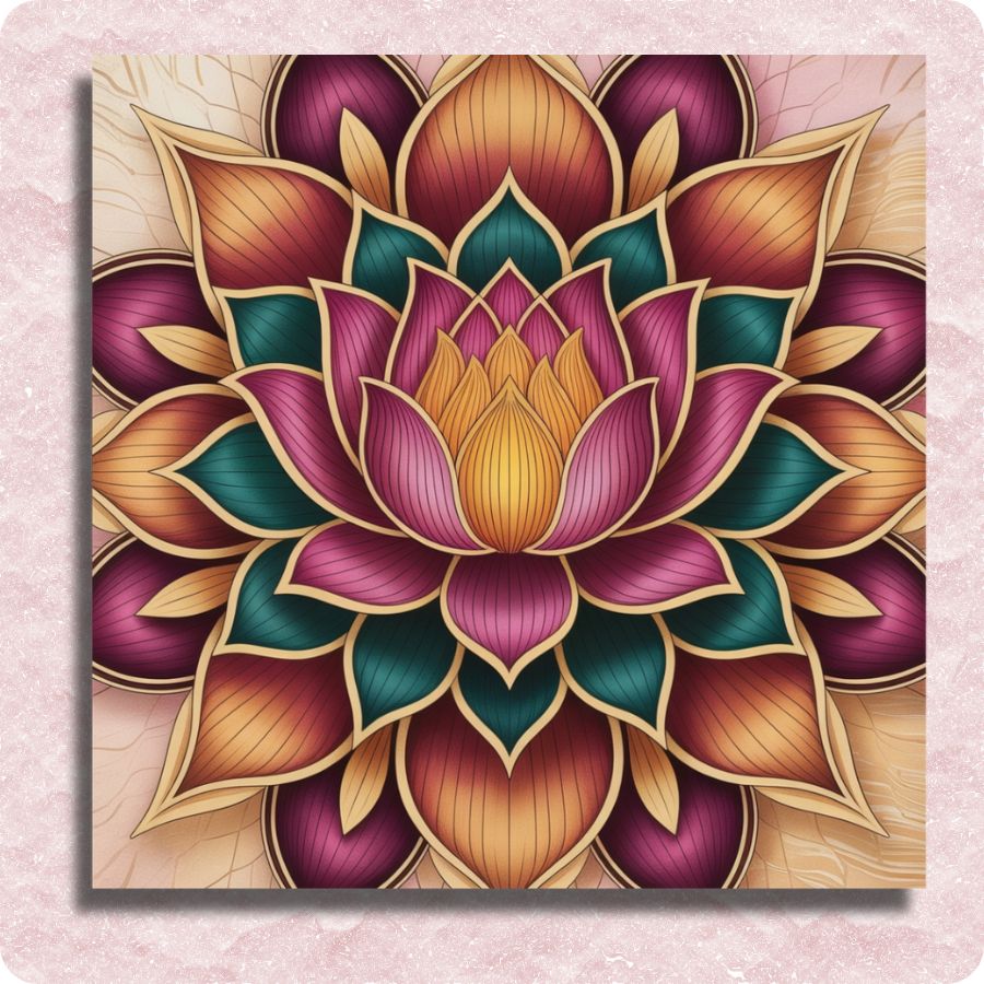 Colorful lotus flower design on a pink background. Lotus Mandala - Paint by numbers