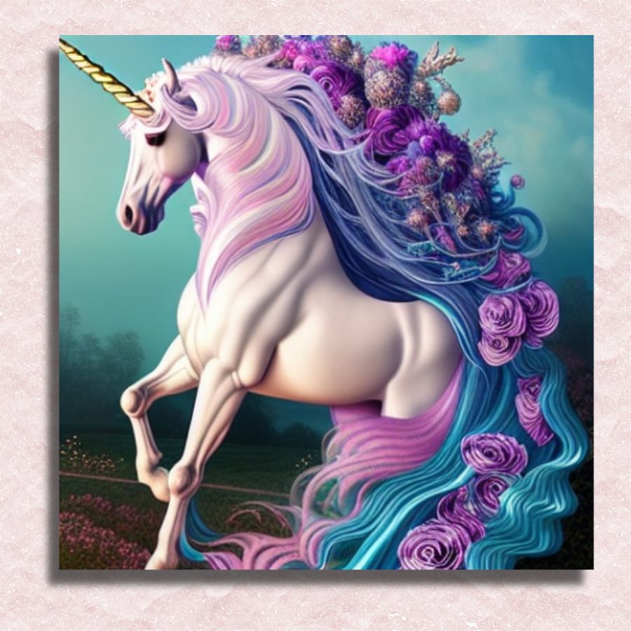 Majestic Unicorn with Flowery Mane Canvas - Painting by numbers shop
