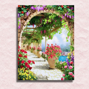 Leinwand mit mediterranem Blumentor – Malen-nach-Zahlen-Shop