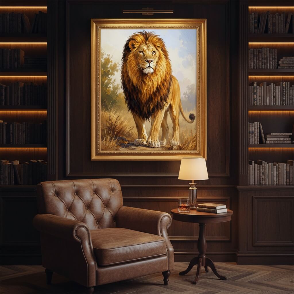 Lion painting on a wall in a room with a brown armchair and side table.