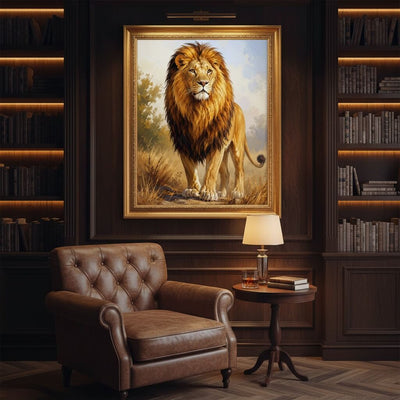Lion painting on a wall in a room with a brown armchair and side table.