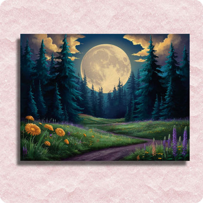 Leinwand mit Mond, Sternen und Blumen – Malen nach Zahlen