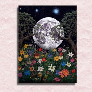 Mond, Sterne und Blumen auf Leinwand – Malen-nach-Zahlen-Shop