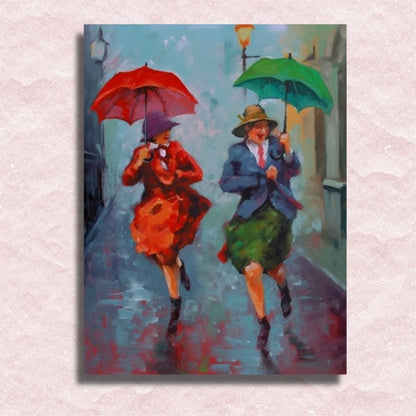 Oude dames dansen in de regen Canvas - Schilderen op nummer winkel