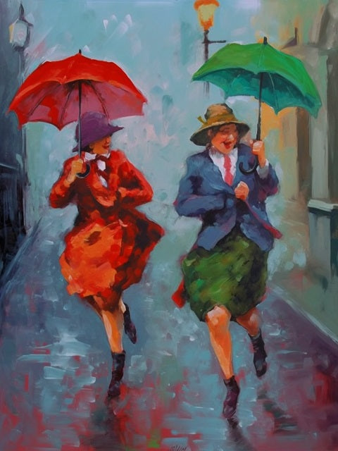 Oude dames dansen in de regen - Schilderen op nummer winkel
