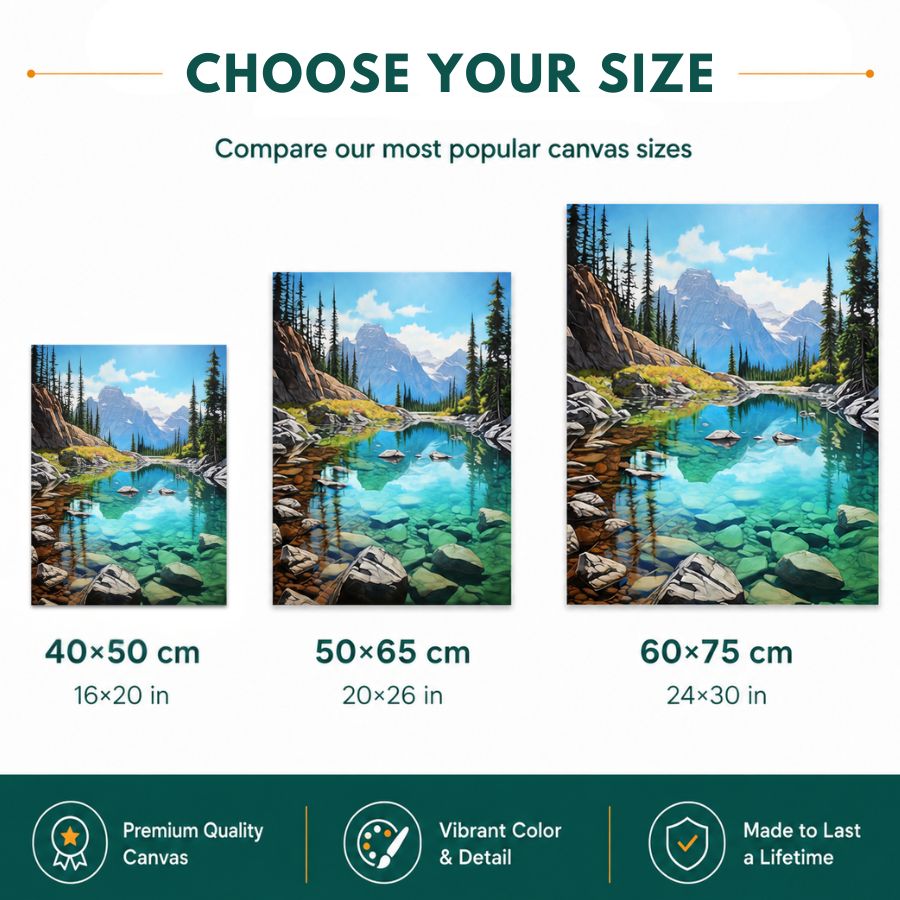 Paint by numbers canvas size comparison showing 40x50 cm, 50x65 cm, and 60x75 cm options