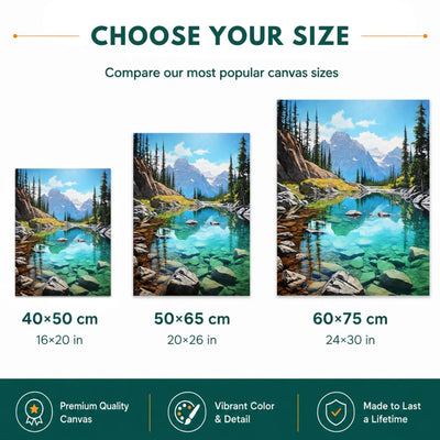 Paint by numbers canvas size comparison showing 40x50 cm, 50x65 cm, and 60x75 cm options