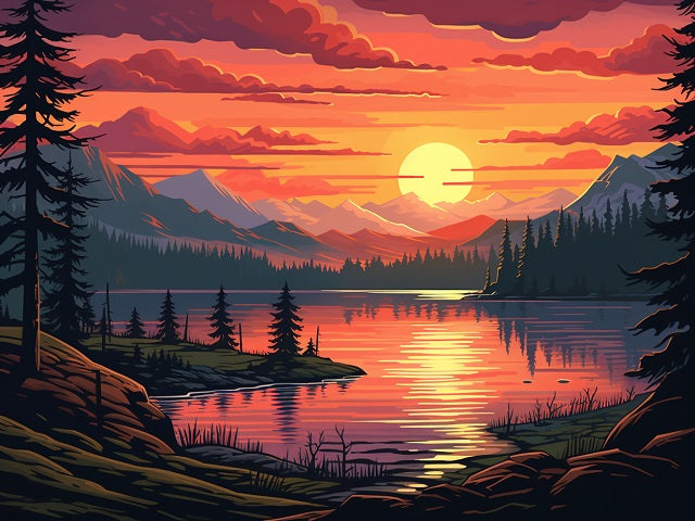 Pink Sunset at Lake - Paint by numbers