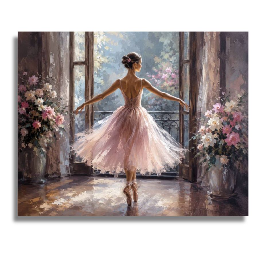 Painting of a ballerina in a pink dress standing in a room with flowers and large windows. Poetic Ballet Canvas - Paint by numbers