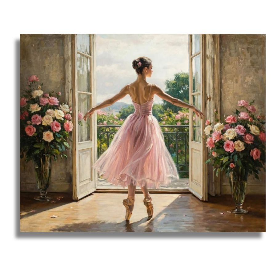 Painting of a ballerina in a pink dress standing on a balcony with flowers. Poetic Ballet Canvas - Paint by numbers