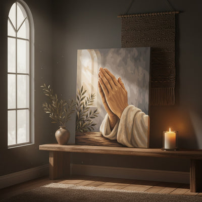 Room interior with a painting of clasped hands, a candle, and a plant near a window.
