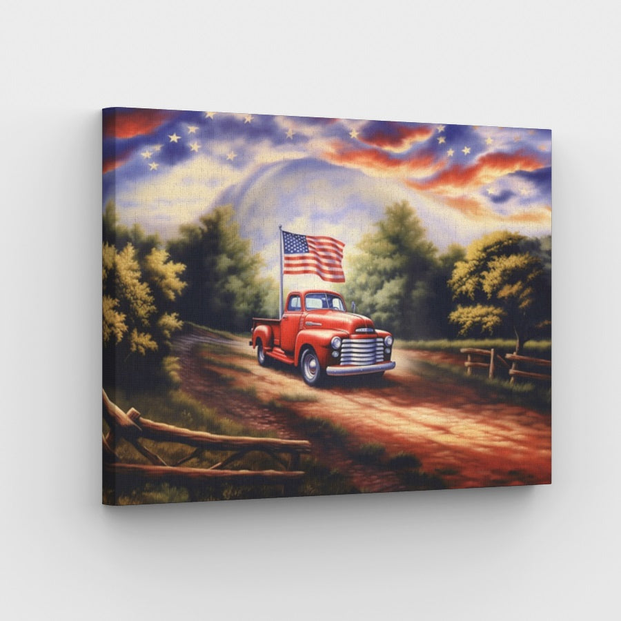 Leinwand mit amerikanischer Flagge „Roter LKW“ – Malen-nach-Zahlen-Shop