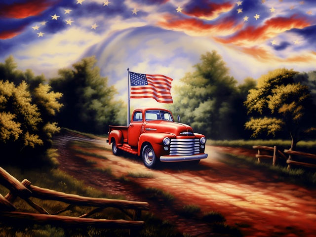 Amerikanische Flagge mit rotem LKW – Malen-nach-Zahlen-Shop