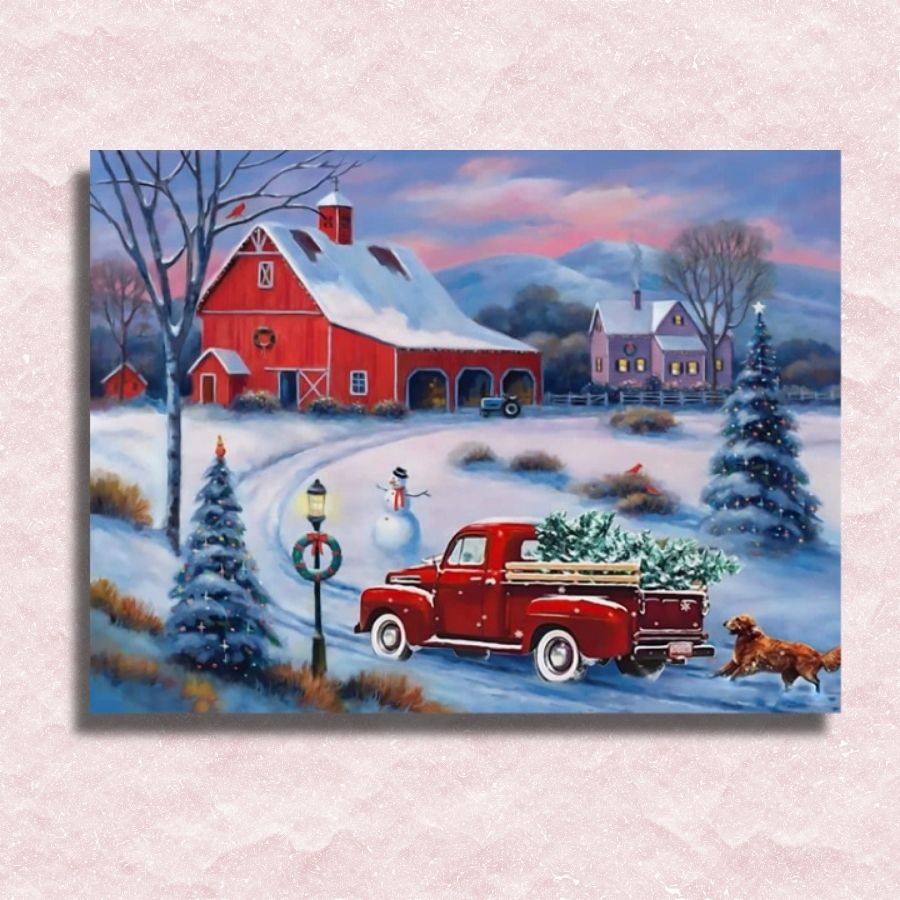 Red Truck Drives Home Canvas - Painting by numbers shop