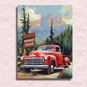 Rode vrachtwagen in bos canvas - Schilderen op nummer winkel