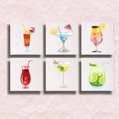 Set of six colorful cocktail illustrations on a light pink background - paint by numbers