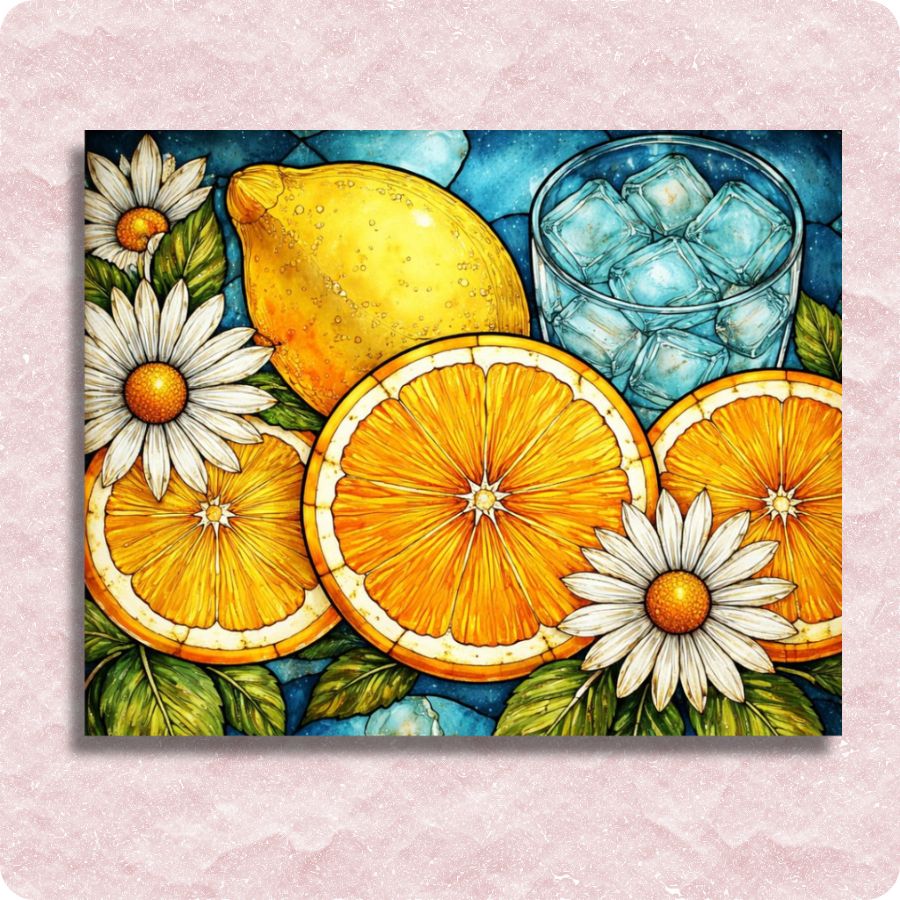 Colorful illustration of lemons, oranges, daisies, and a glass of iced water on a textured pink background. Refreshing Lemons